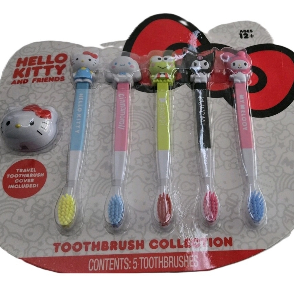 HELLO KITTY 5 TOOTHBRUSH/COVER SET, WITH Stickers/Tape, (3 items)